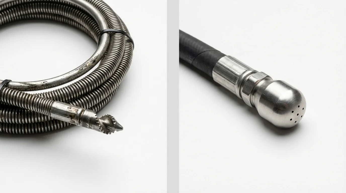Drain snake cable and hydro jetting nozzle used for drain cleaning in Lewiston, MN