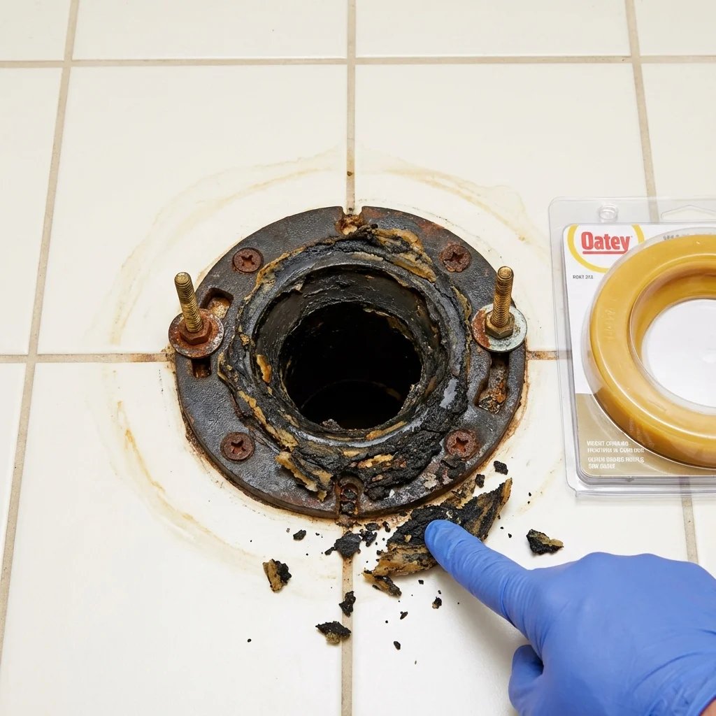 Failed wax ring showing water seepage at the base of a toilet in a Lewiston, MN home