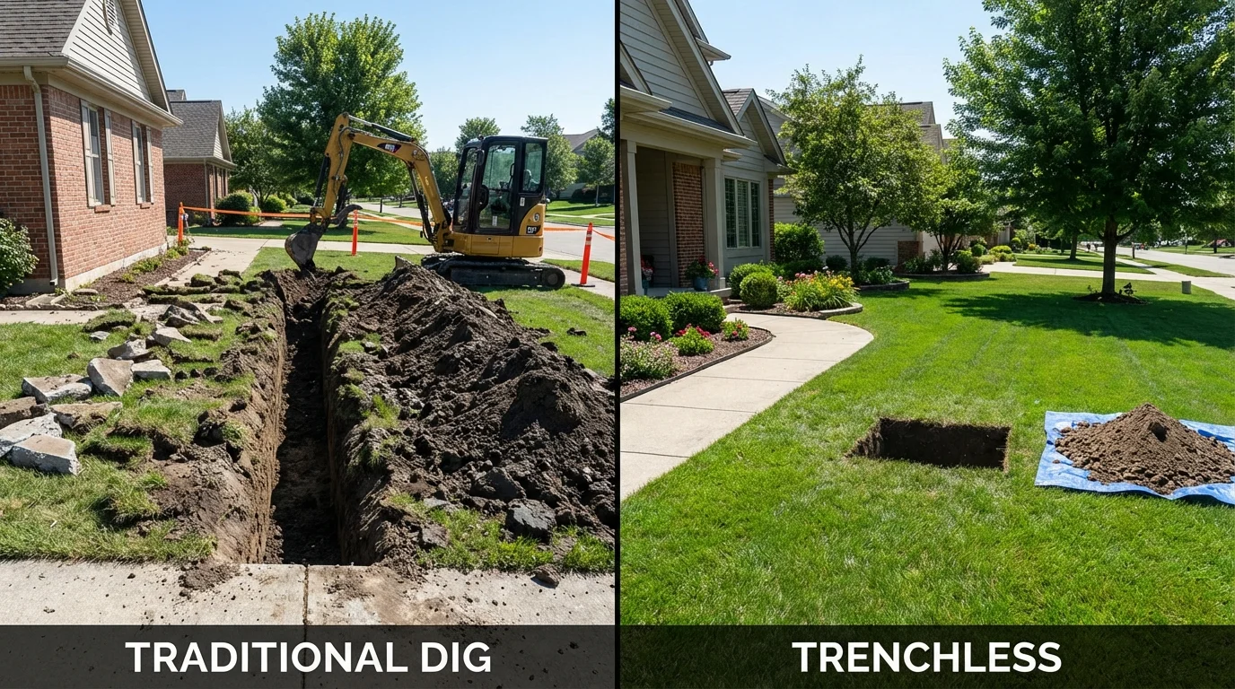 Trenchless sewer repair with minimal yard damage versus traditional excavation in Lewiston, MN